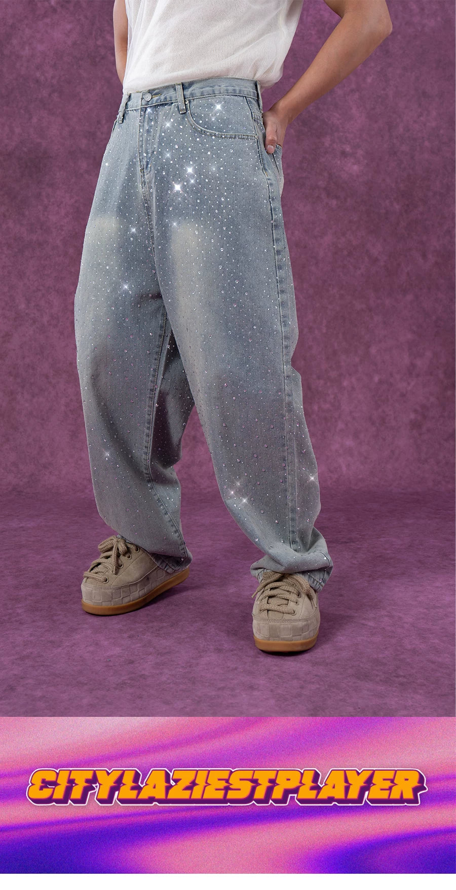 Men's Light Blue Sequined Baggy Jeans
