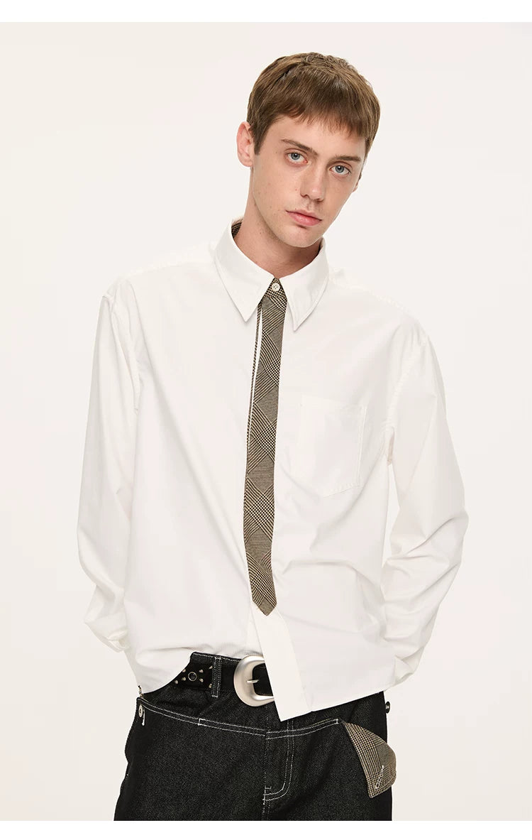 Plaid Tie Patchwork Long Sleeve Shirt