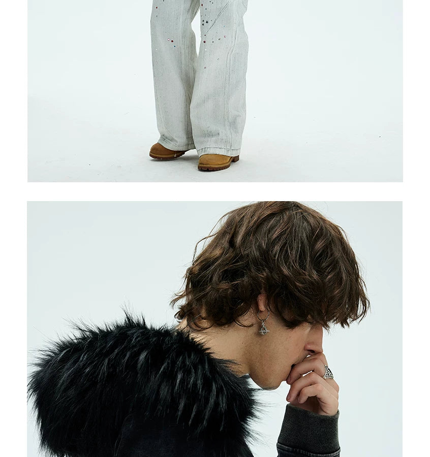 Washed Detachable Fur Zip Hoodie