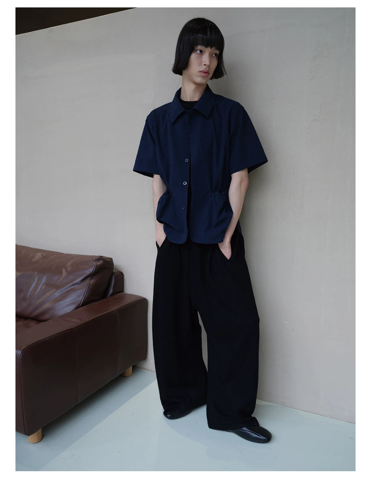 Short Sleeve Bubble Pleat Drawstring Shirt