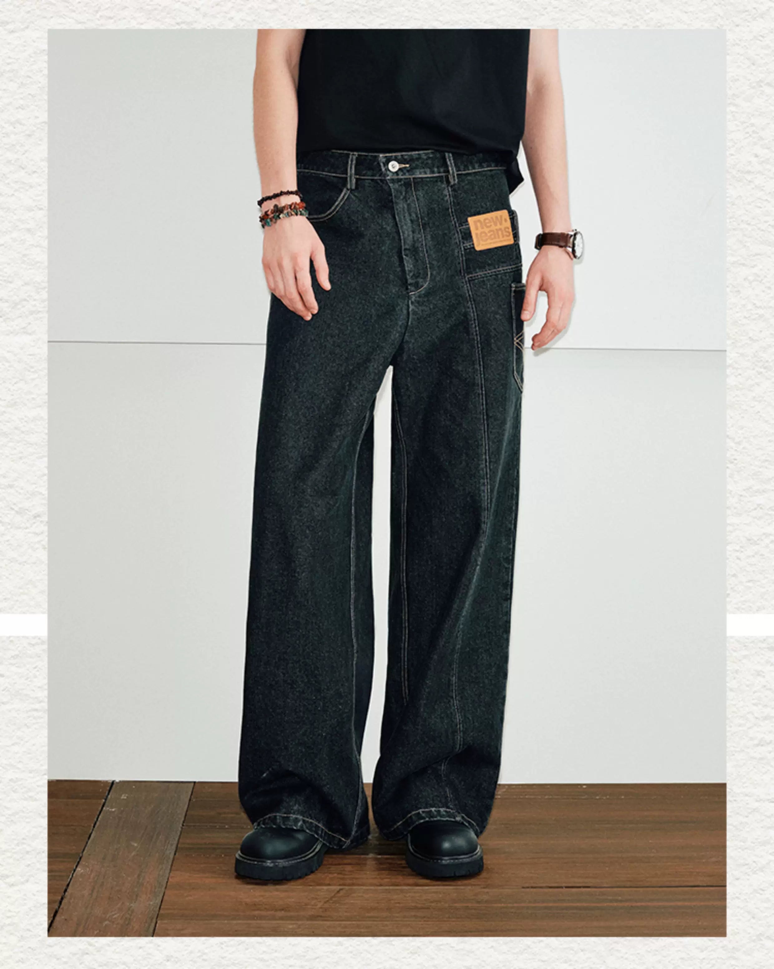 Men's Color-block Loose Raw Denim Jeans