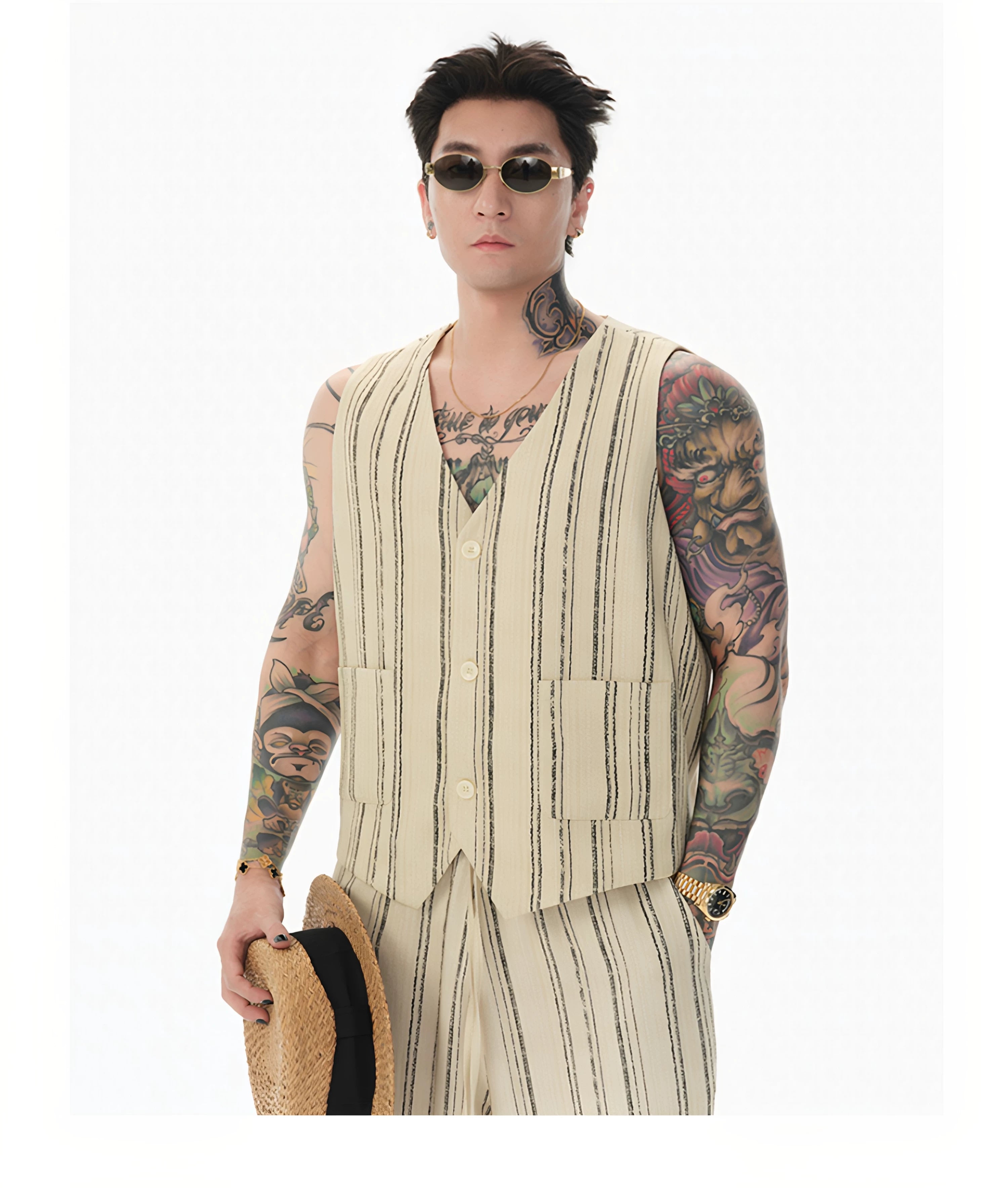 Distressed Vintage Striped Vest Pants Set