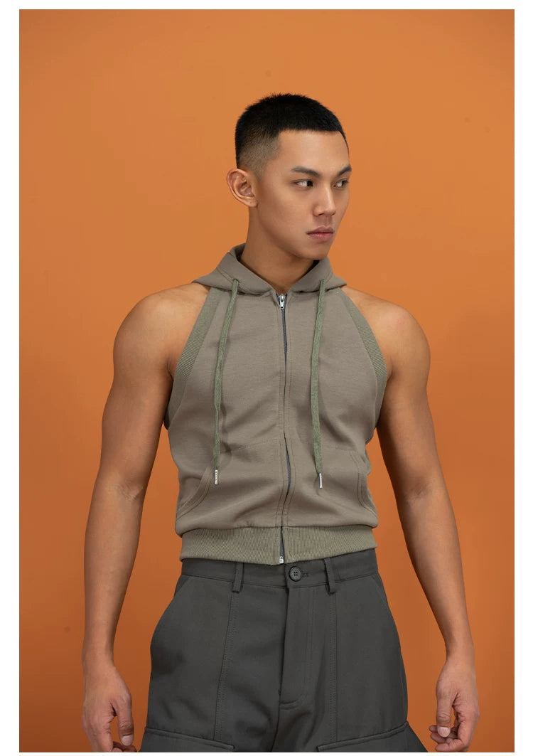 Sage Green Backless Hooded Zip Vest