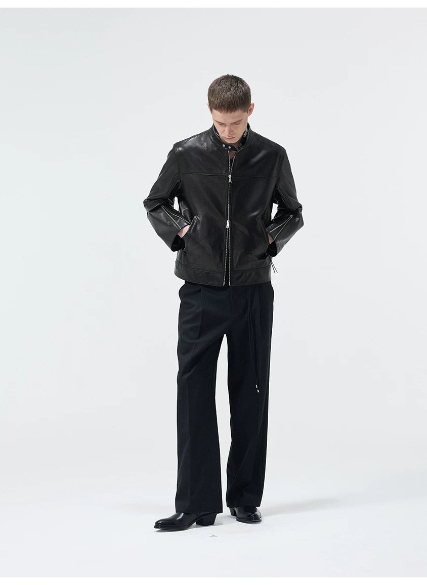 Short Stand Collar Cowhide Leather Jacket