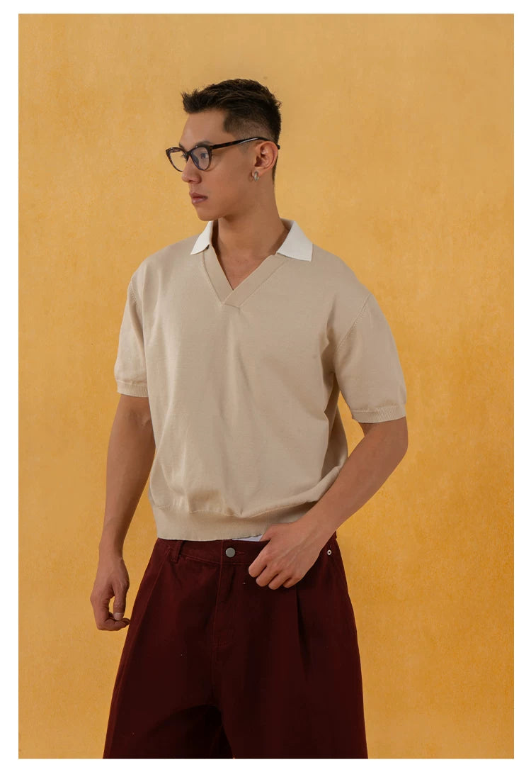 Men's V-Neck Short-Sleeve Detachable-Collar Polo Shirts