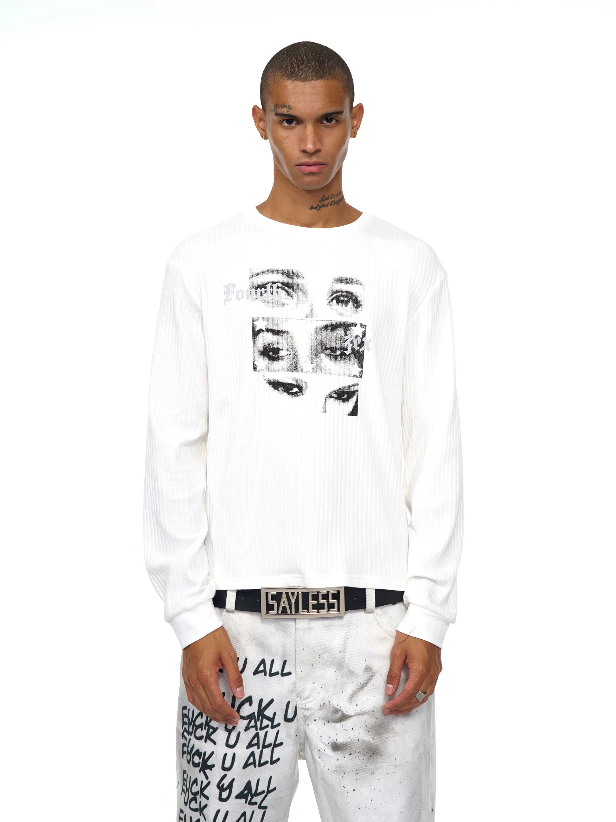 Men's White Eye Print Knit Sweatshirt