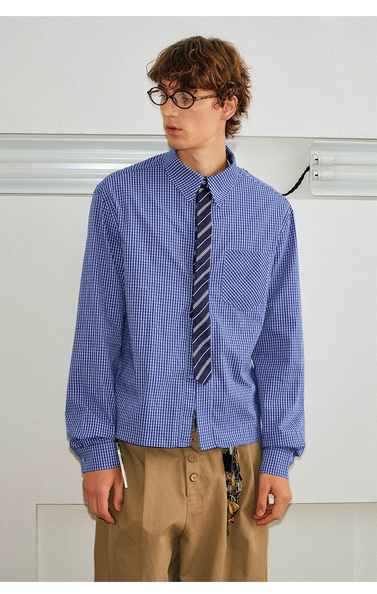 Plaid Tie Patchwork Long Sleeve Shirt