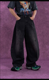 Men's Faded Black Curved Wide Jeans