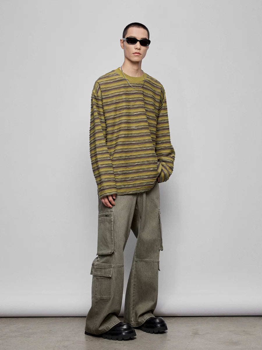 Striped Raw Edge Long Sleeve Tee