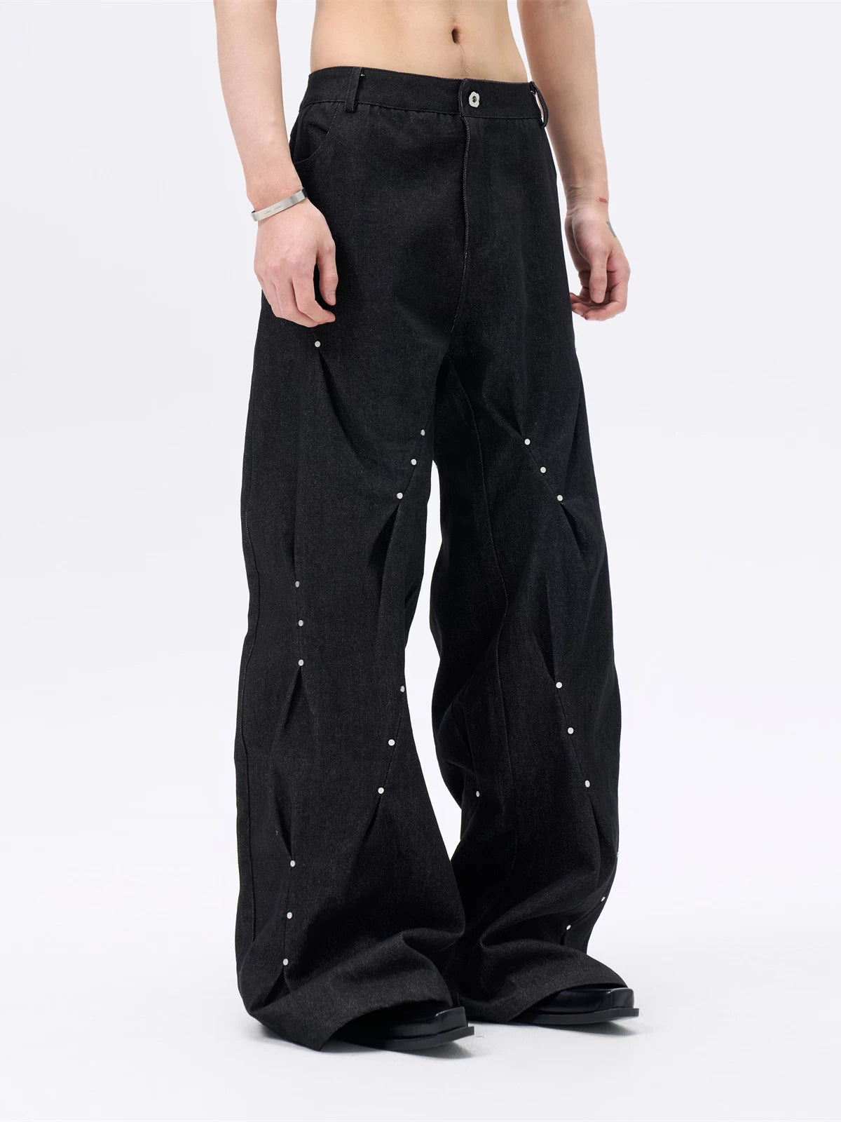 Pleated Wide Leg Raw Denim Jeans