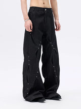 Pleated Wide Leg Raw Denim Jeans