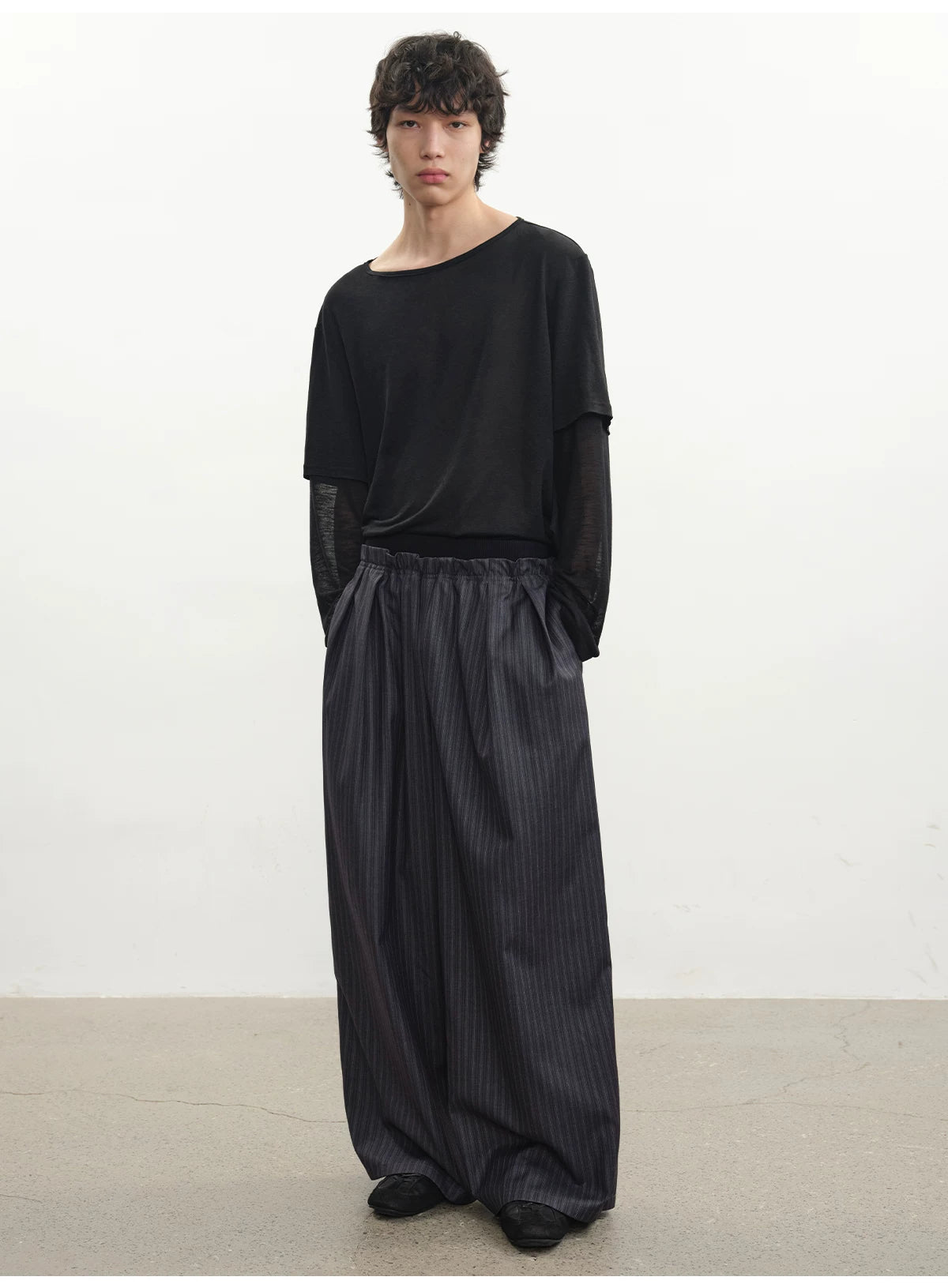 Ribbed Waist Striped Pleated Pants