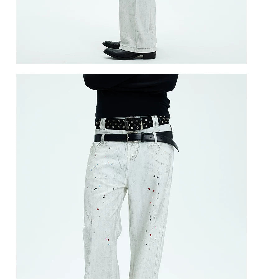 White Double Waistband Studded Straight Jeans