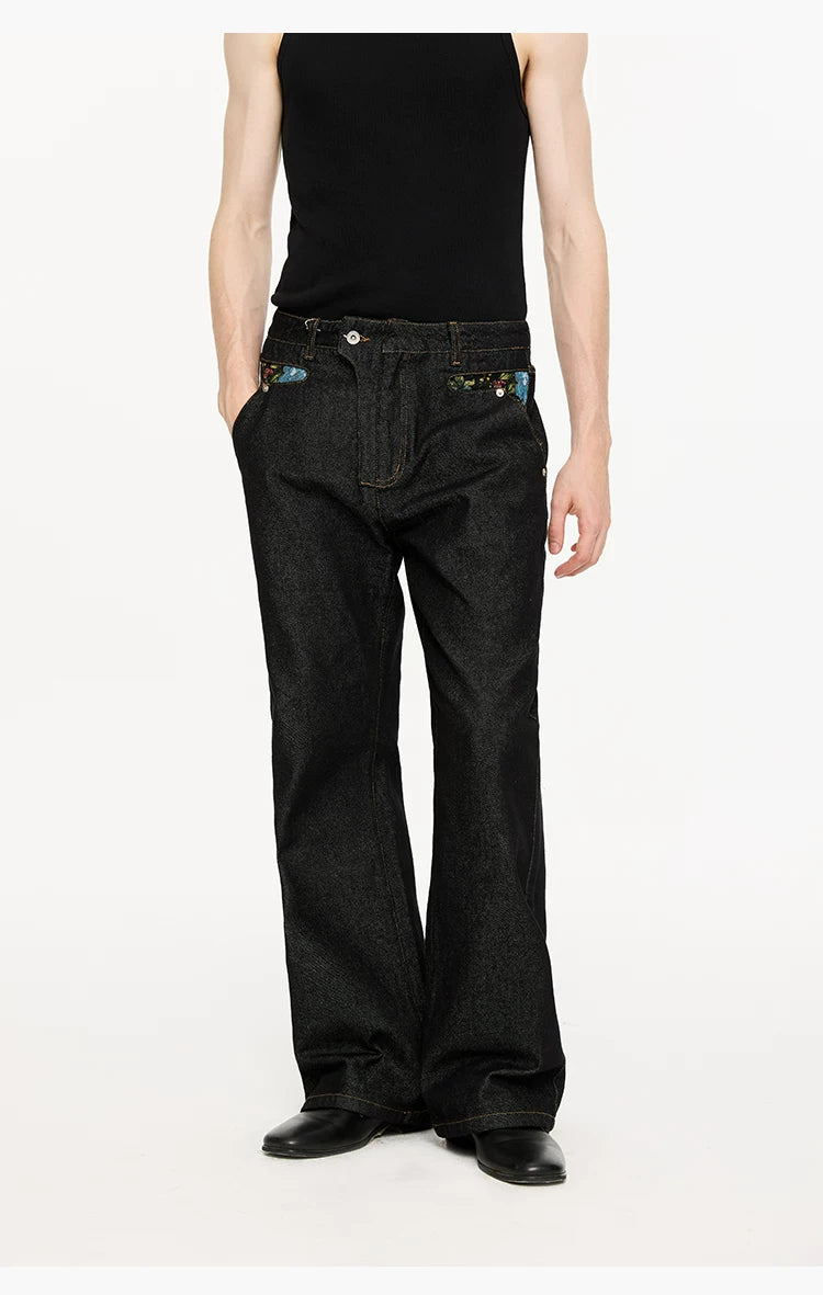 Washed Color-Blocked Floral Jacquard Flare Jeans
