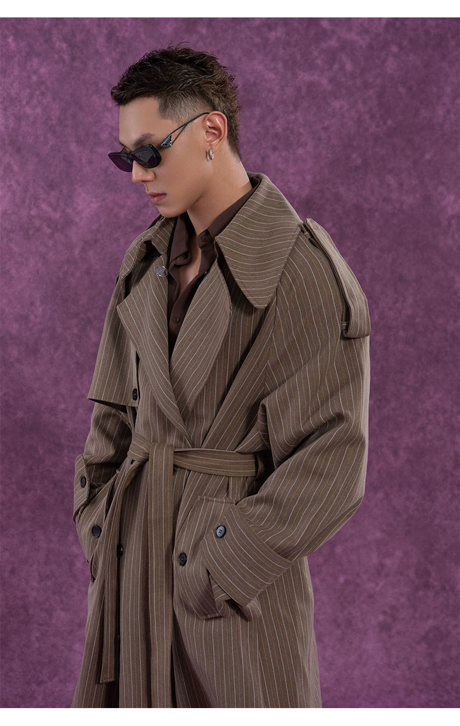 Belted Vintage Taupe Striped Cape Coat
