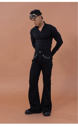 Men's Black Metal Ring Flare Jeans