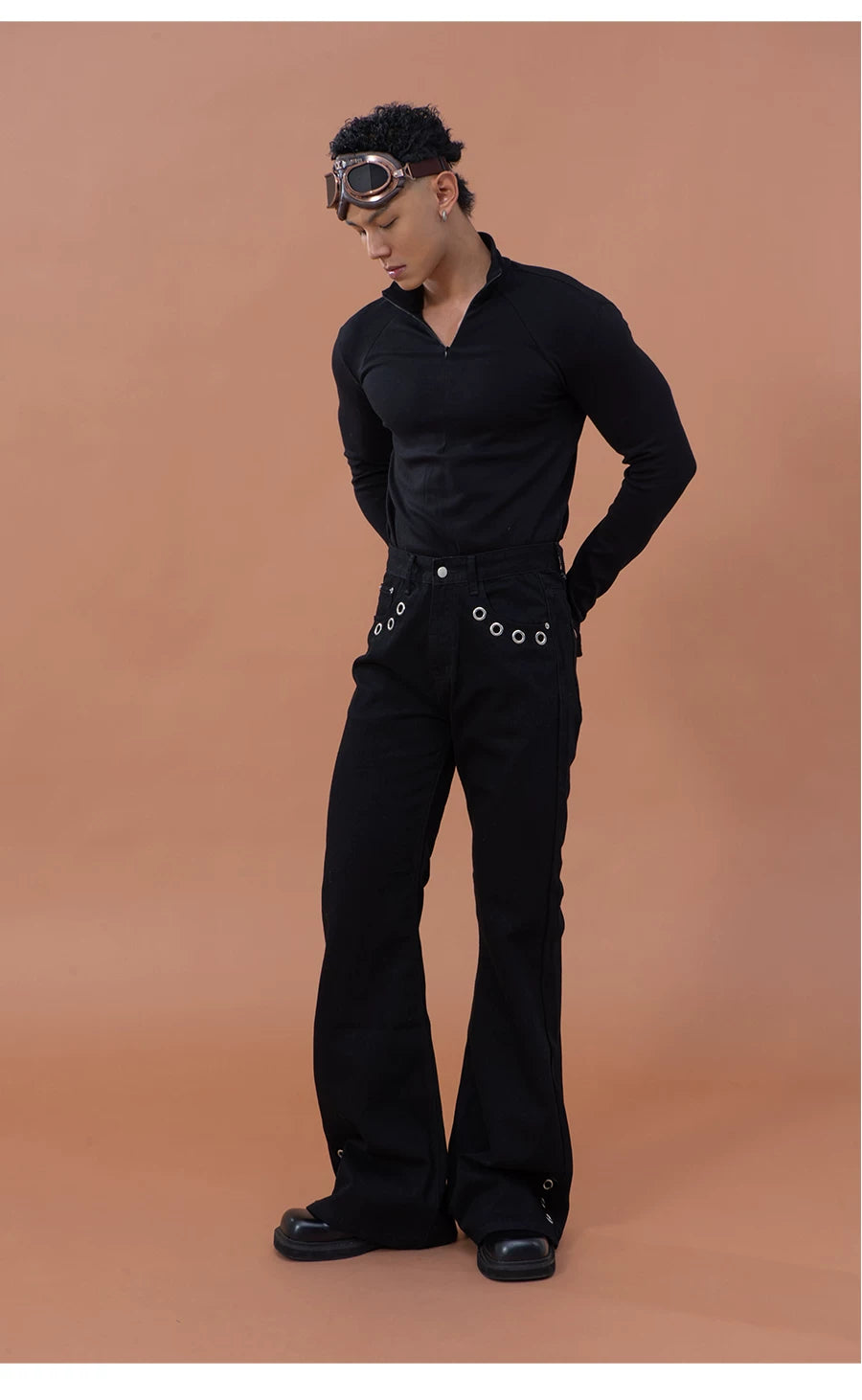 Men's Black Metal Ring Flare Jeans