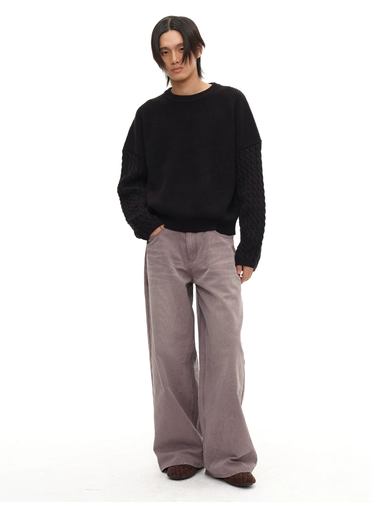 Cable Knit Cotton Drop Shoulder Sweater