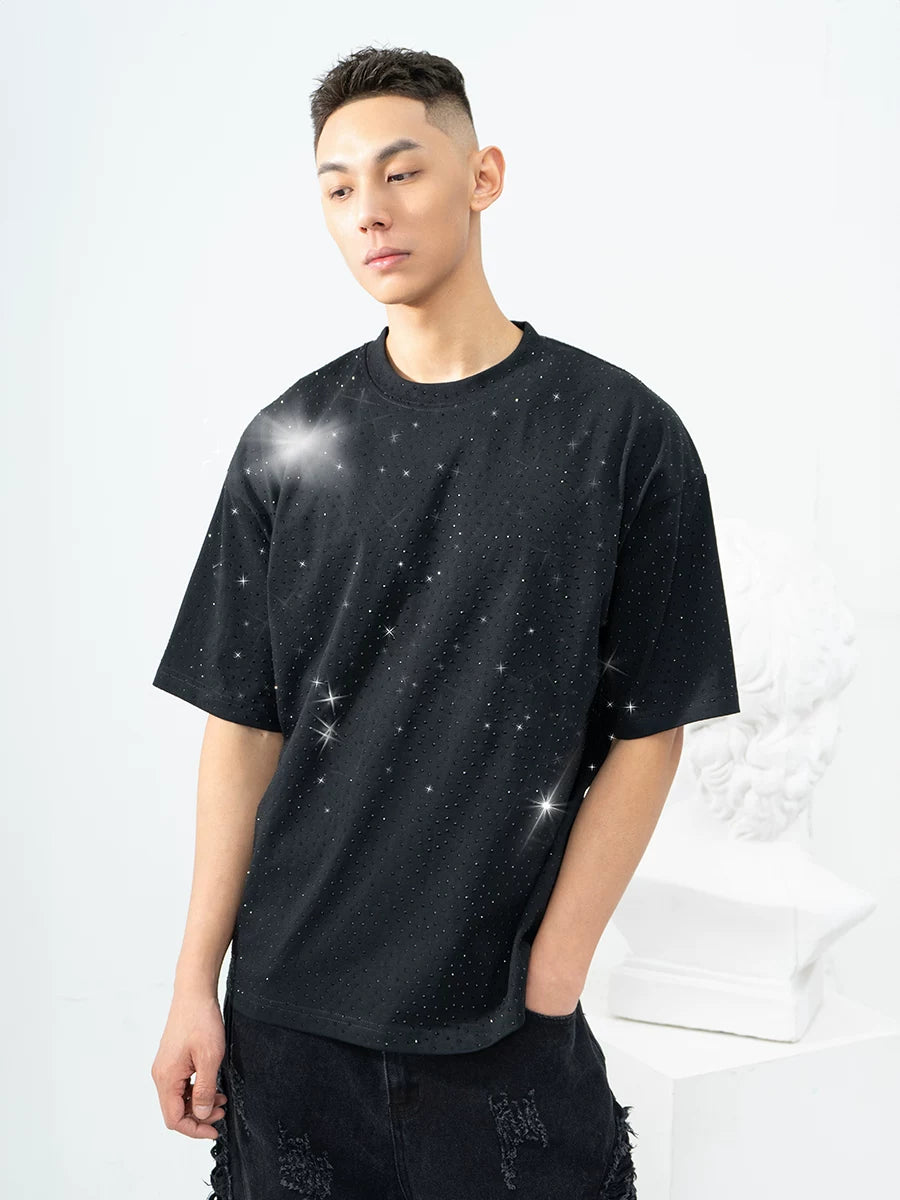 Unisex Black Loose Rhinestone Short-Sleeve Tee
