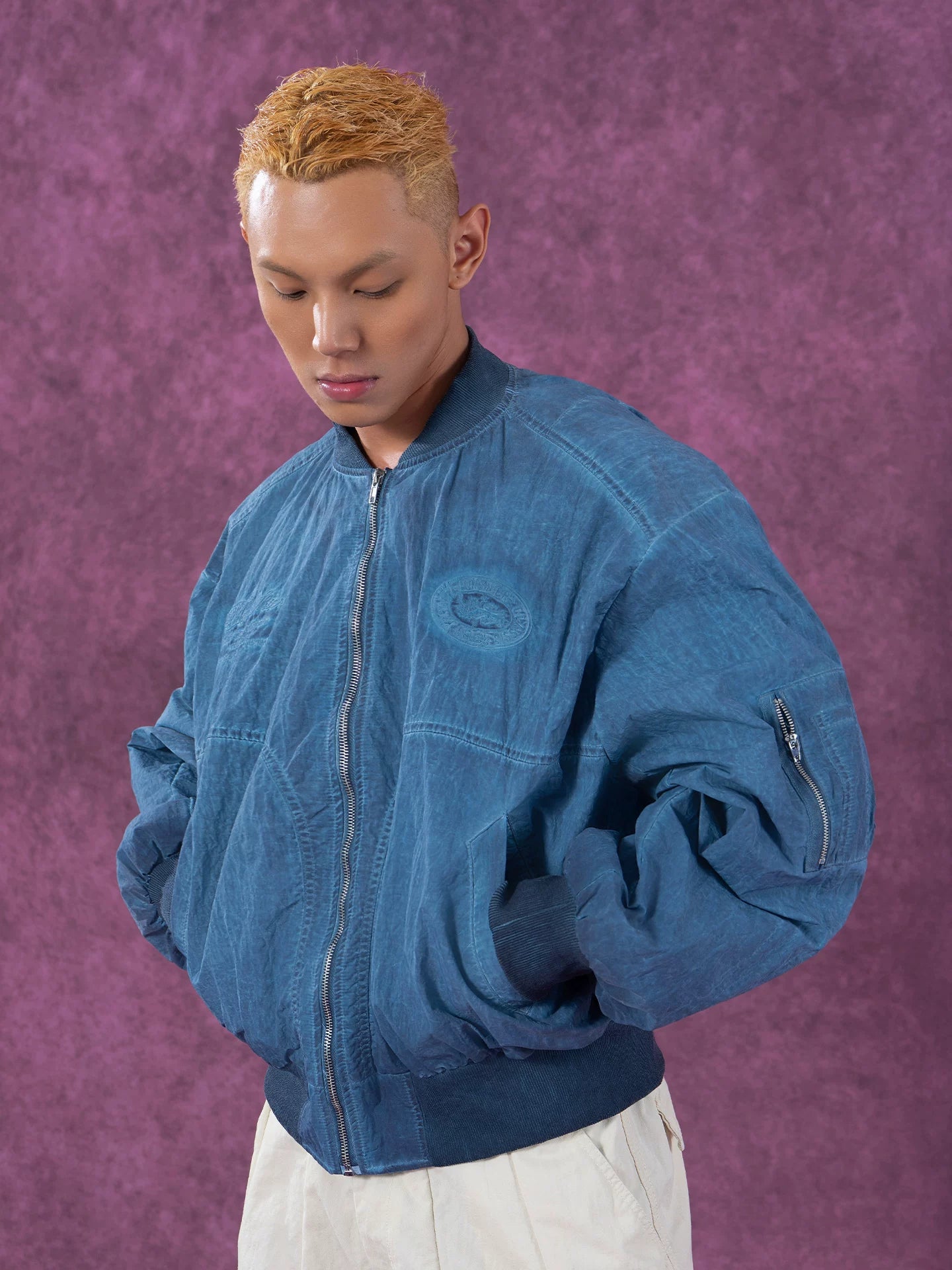 Men's Textured Gray Blue Bomber Jacket