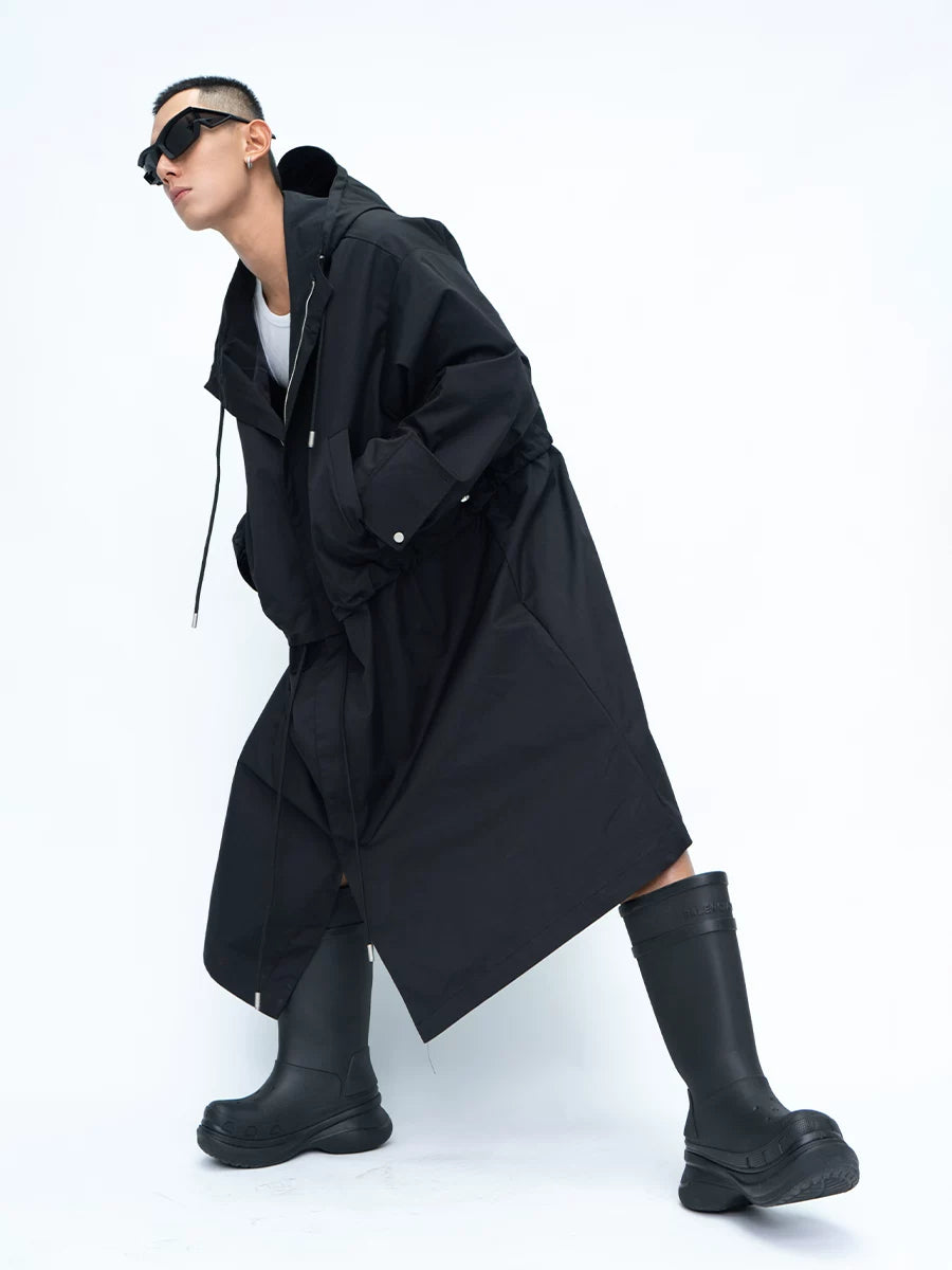 Hooded Long Water-resistant Waist-cinched Trench Coat