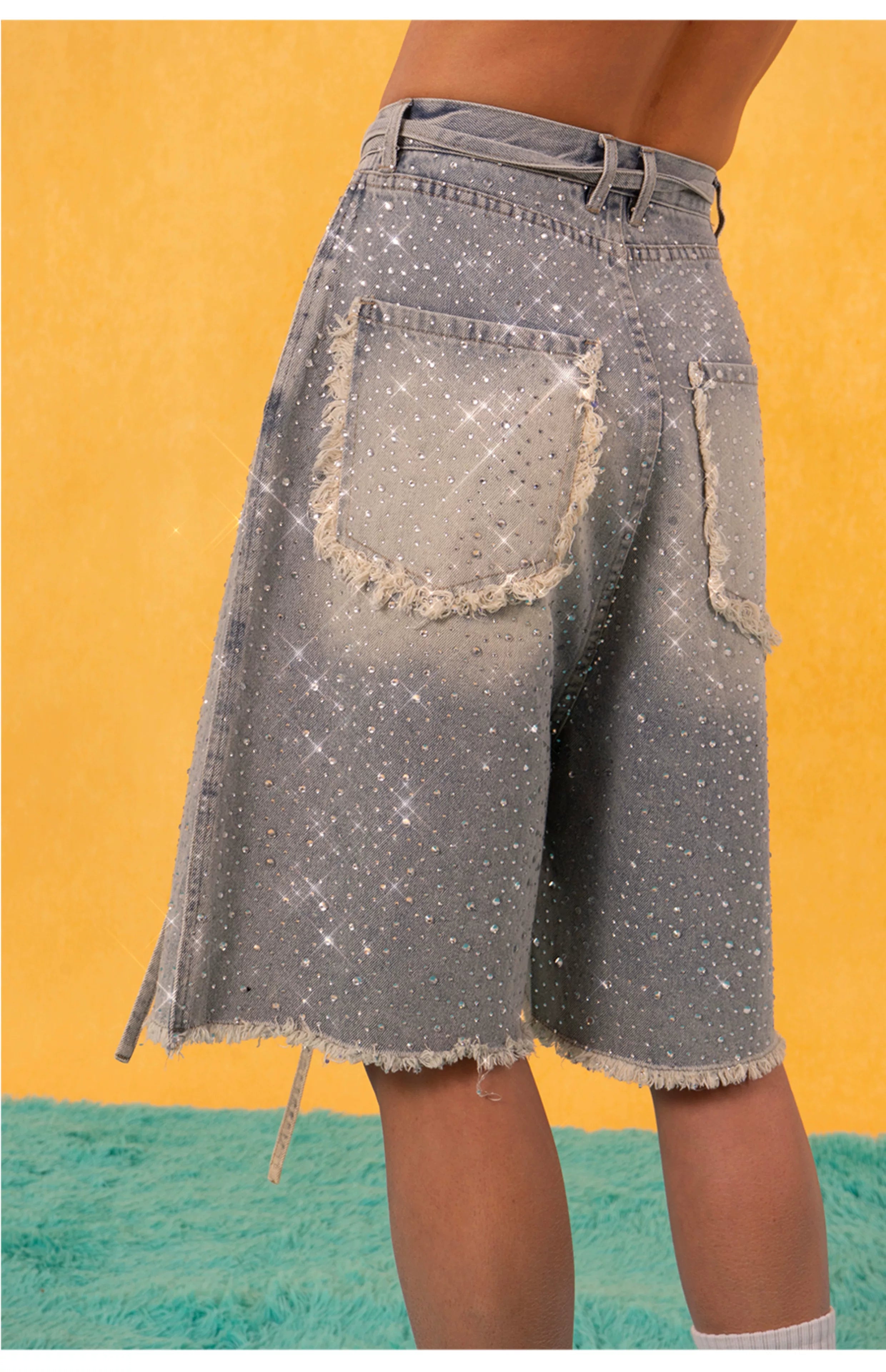 Blue Loose Rhinestone Frayed Denim Shorts