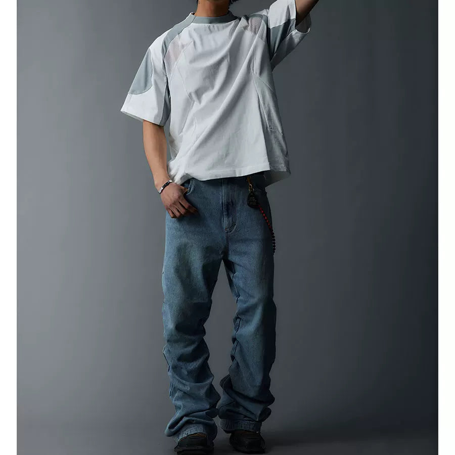 Two-Tone Washed Mesh Patchwork Tee