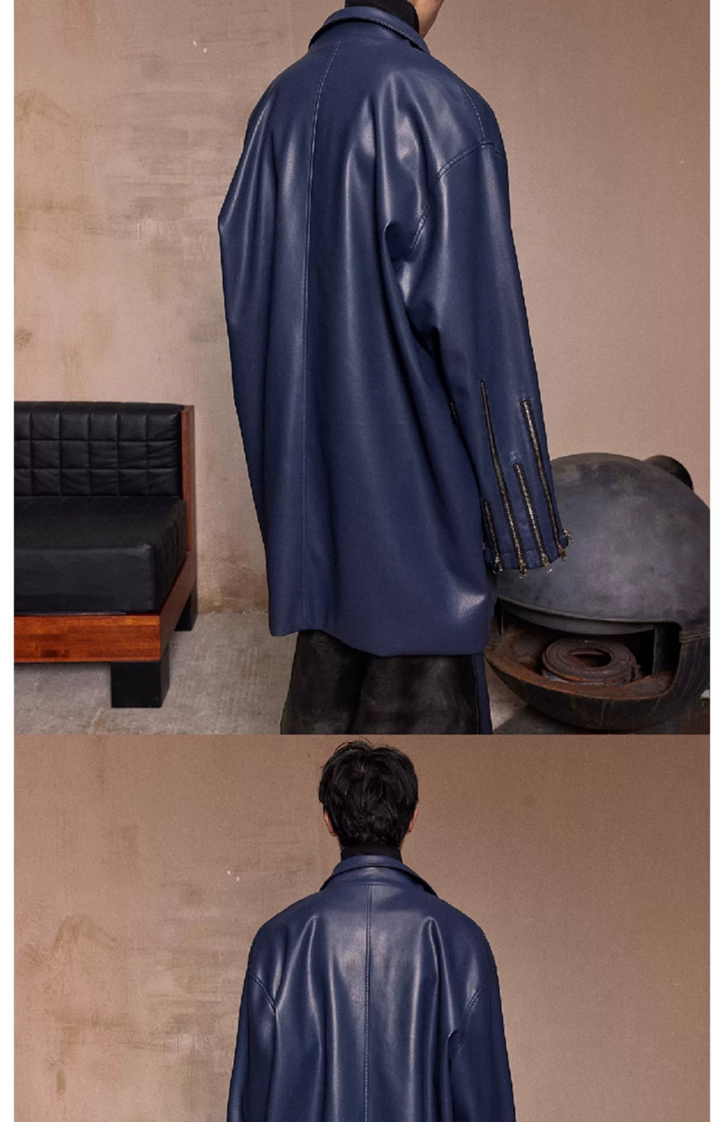Navy Oversized Multi-Zipper Punk Leather Coat