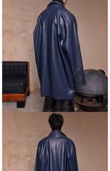 Navy Oversized Multi-Zipper Punk Leather Coat