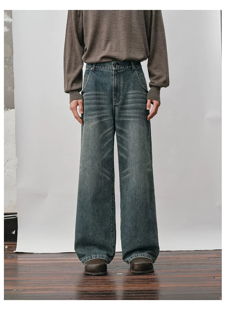 Distressed Whiskered Straight Leg Jeans