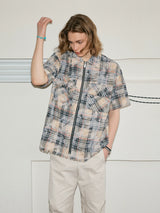 Men's Frayed Plaid Zip Short-sleeved Shirt