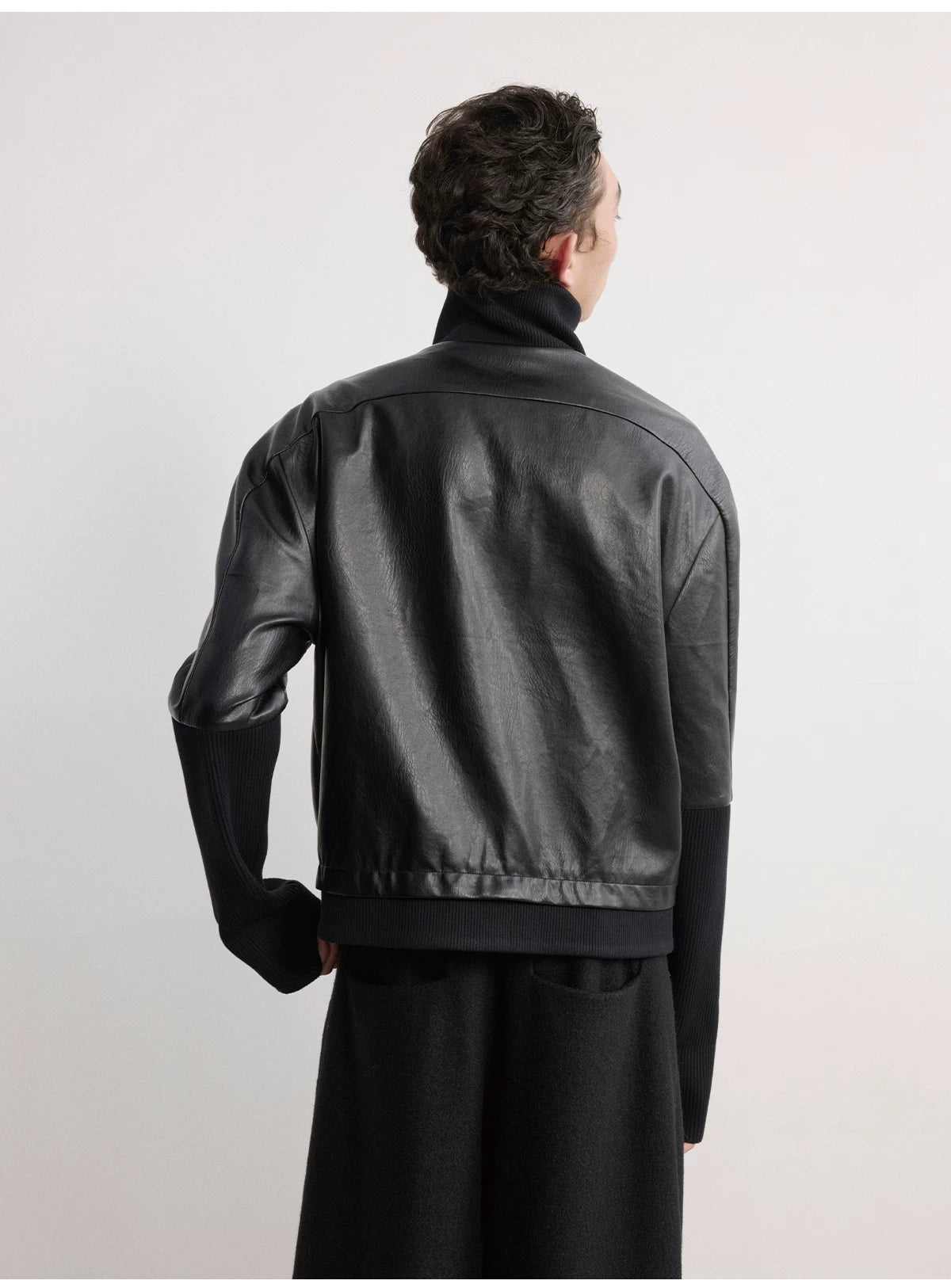 Black Ribbed Cuff Faux Leather Jacket