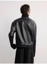 Black Ribbed Cuff Faux Leather Jacket