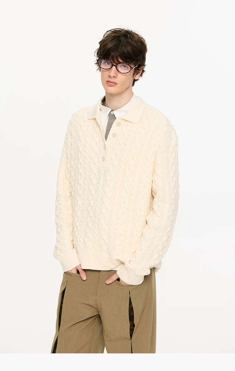 Men's Milk Cotton Cable Polo Sweater