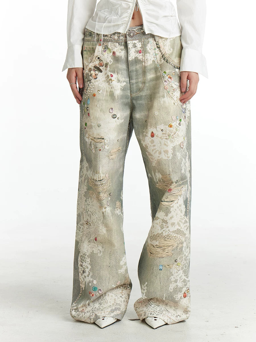 Vintage Digital Lace Print Flare Jeans