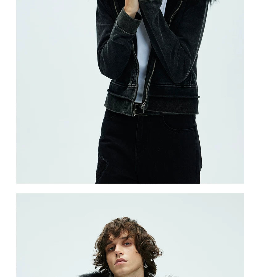 Washed Detachable Fur Zip Hoodie