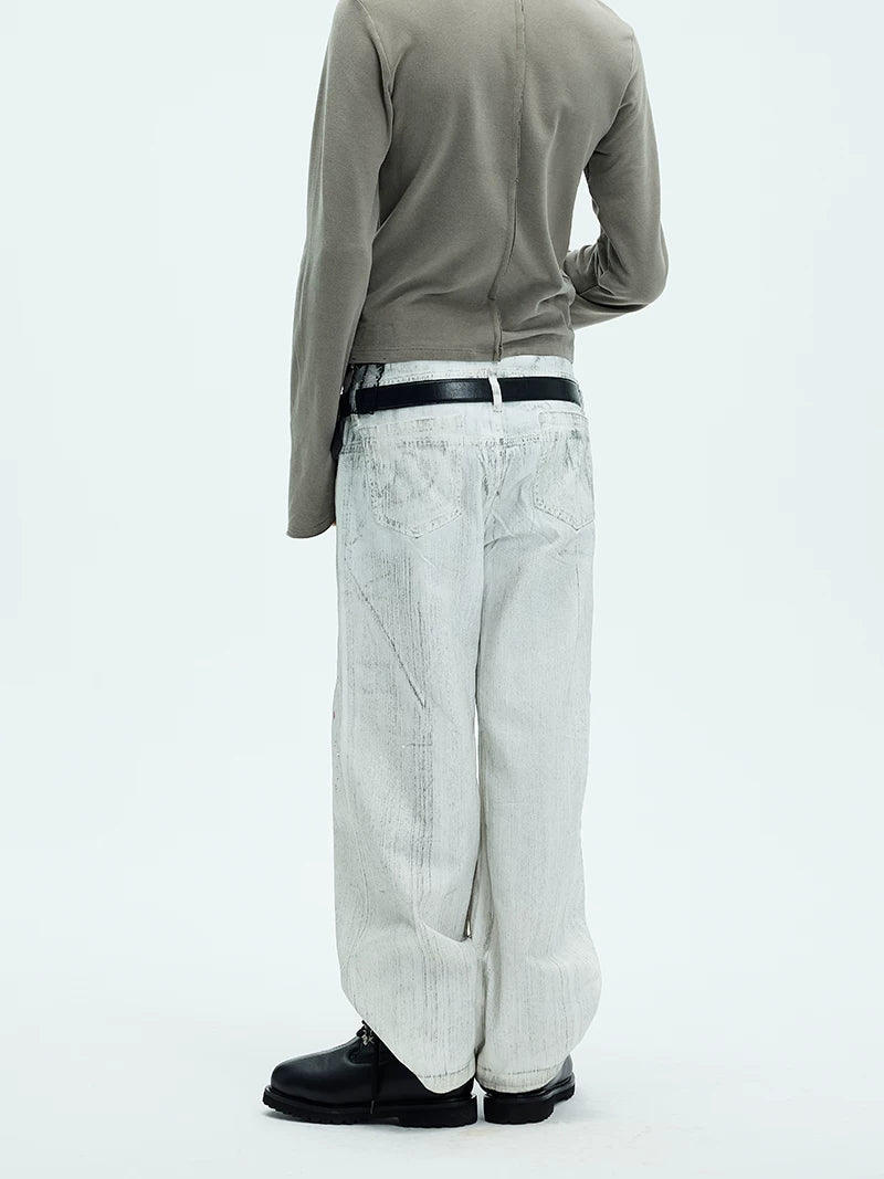 White Double Waistband Studded Straight Jeans