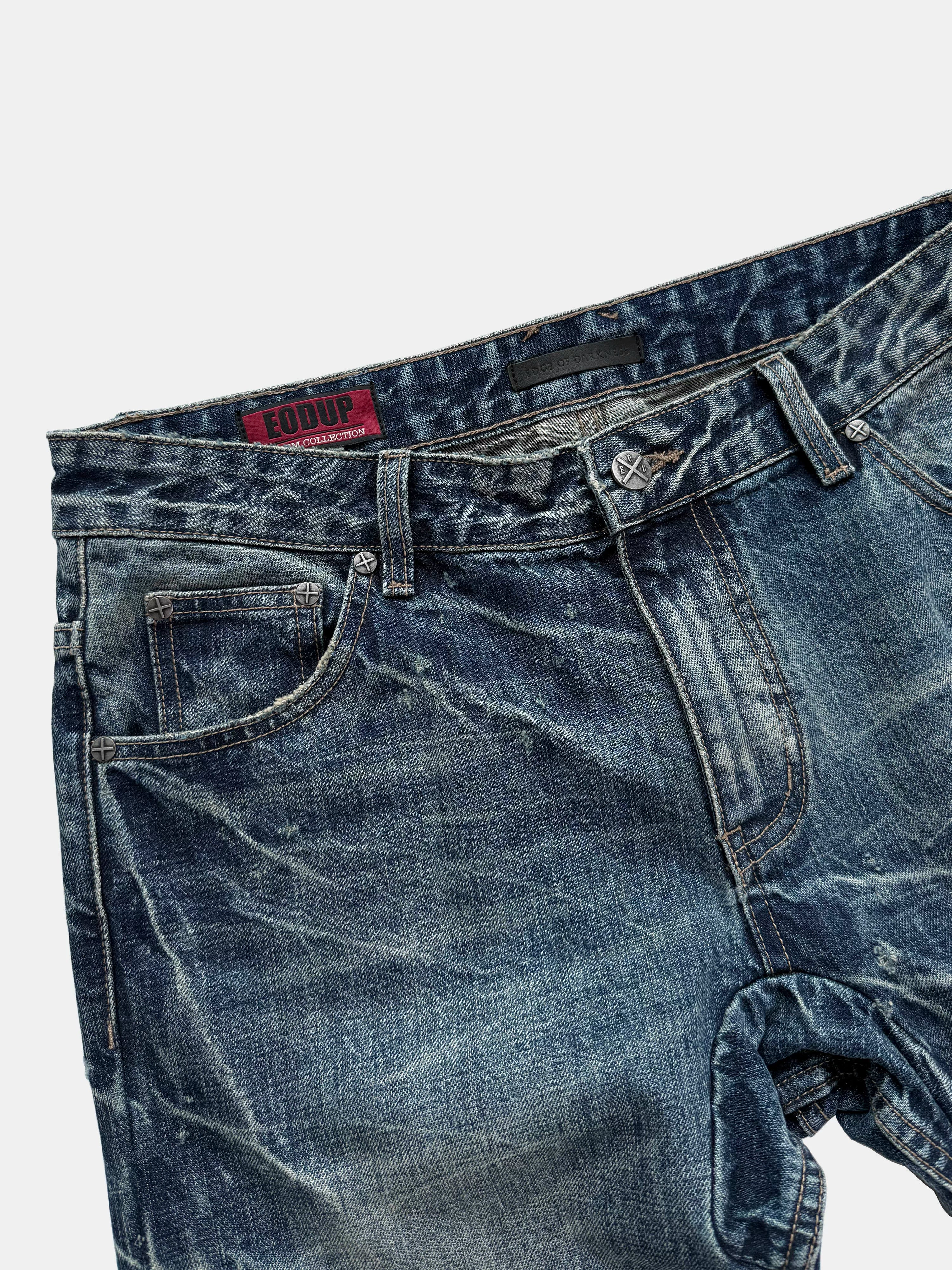 Vintage Washed Blue Printed Curved Jeans