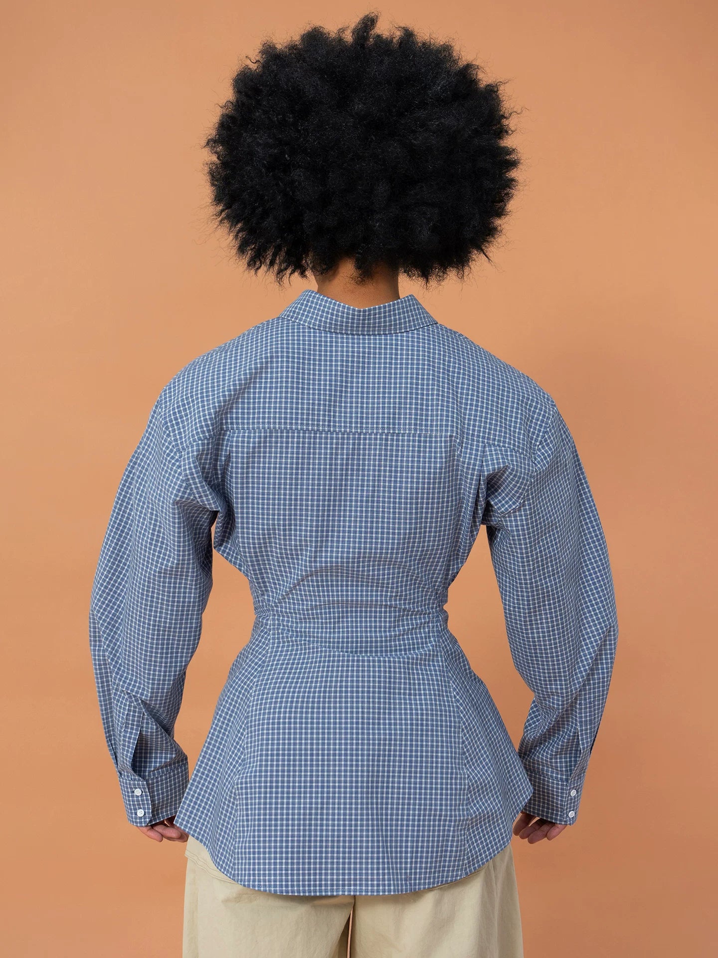 Unisex Fitted Blue Plaid Long-sleeve Shirt
