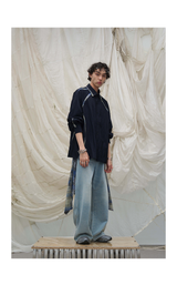 Washed Semi-Zip Relaxed Straight Leather-Patch Jeans