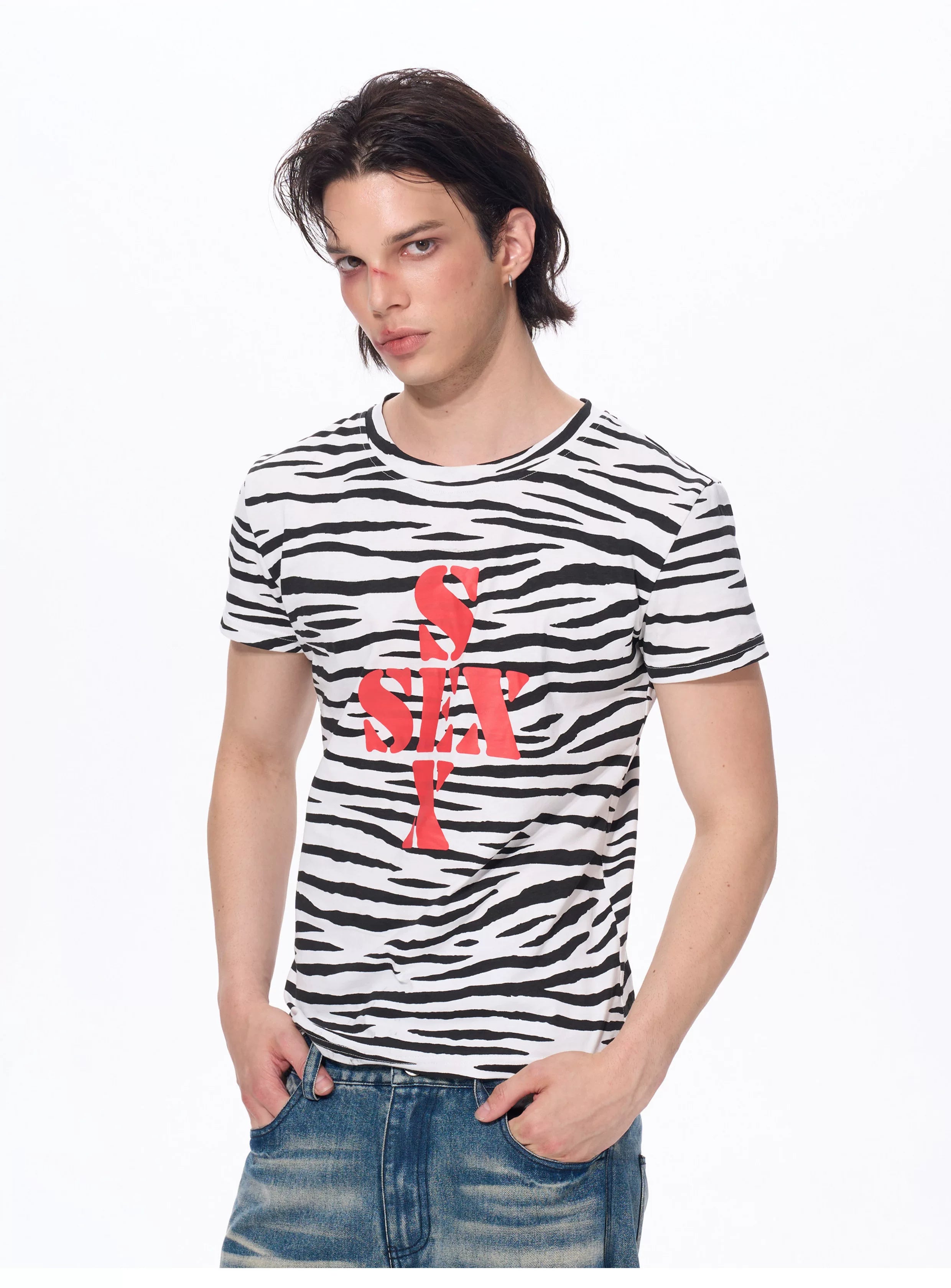 Zebra Print Letter Graphic Crew Neck Tee