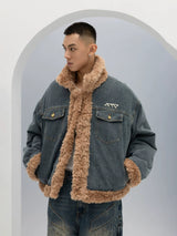 Unisex Vintage Faux Shearling Denim Puffer