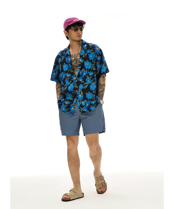 Blue Short Sleeve Cuban Collar Shirts