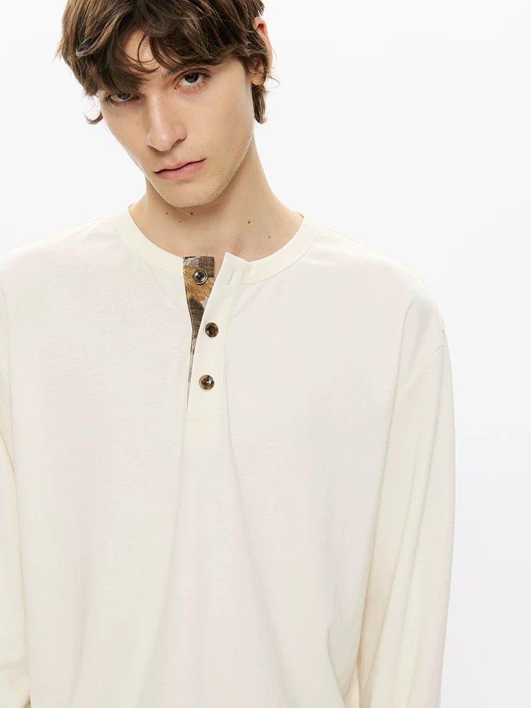 Long Sleeve Color Block Linen Henley