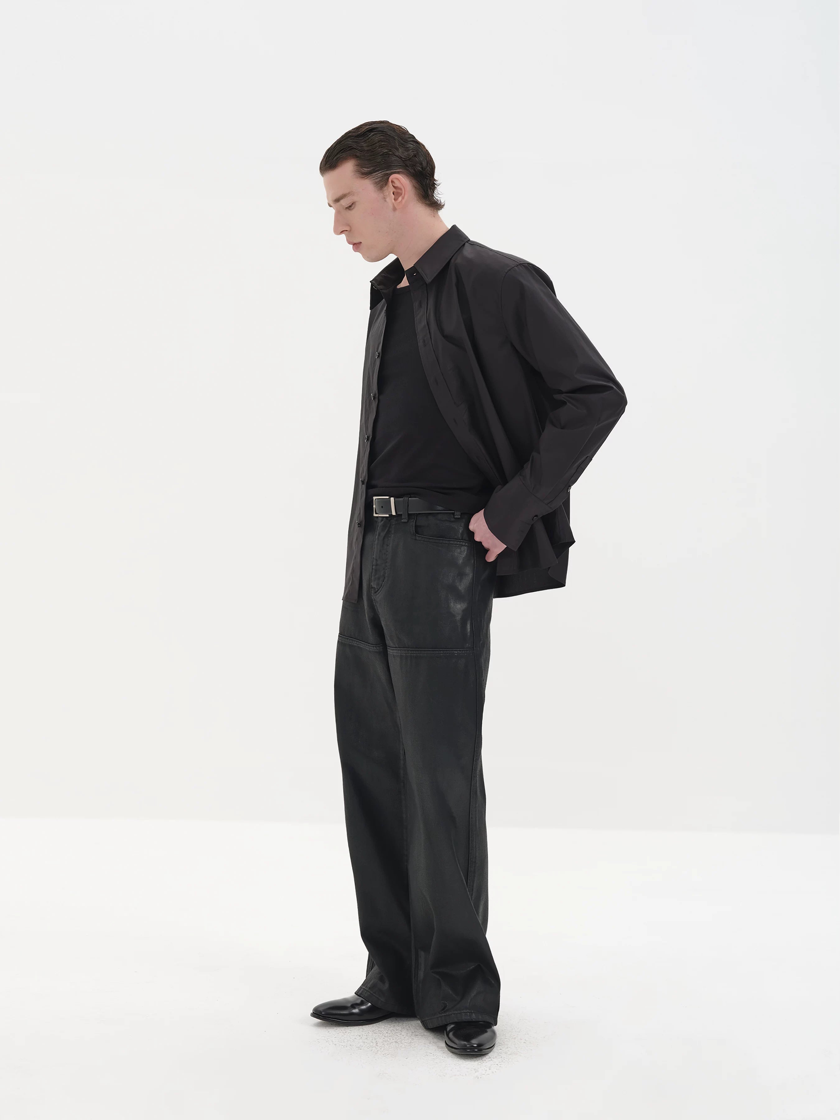 Fitting Waxed Leather Patchwork Straight Jeans