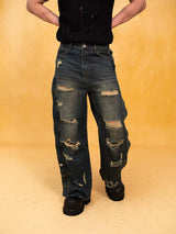 Men's Dark Distressed Slit Wide Jeans