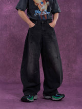 Men's Faded Black Curved Wide Jeans