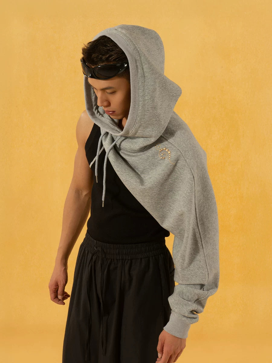 Off-White Single-sleeve Off-shoulder Loose Crop Hoodie