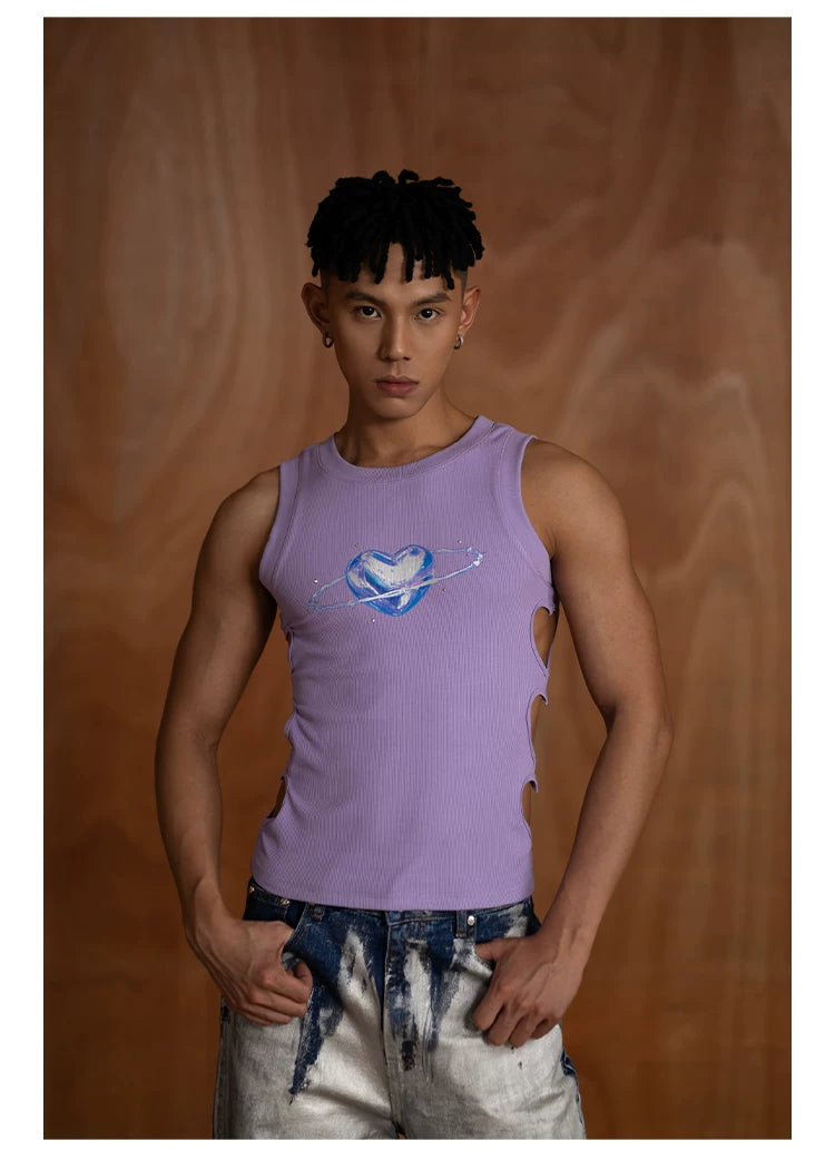 Purple Heart Rhinestone Cutout Tank Top