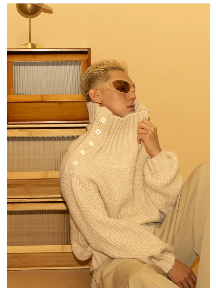 Men's Apricot Wool Side-buttoned Turtleneck Sweater